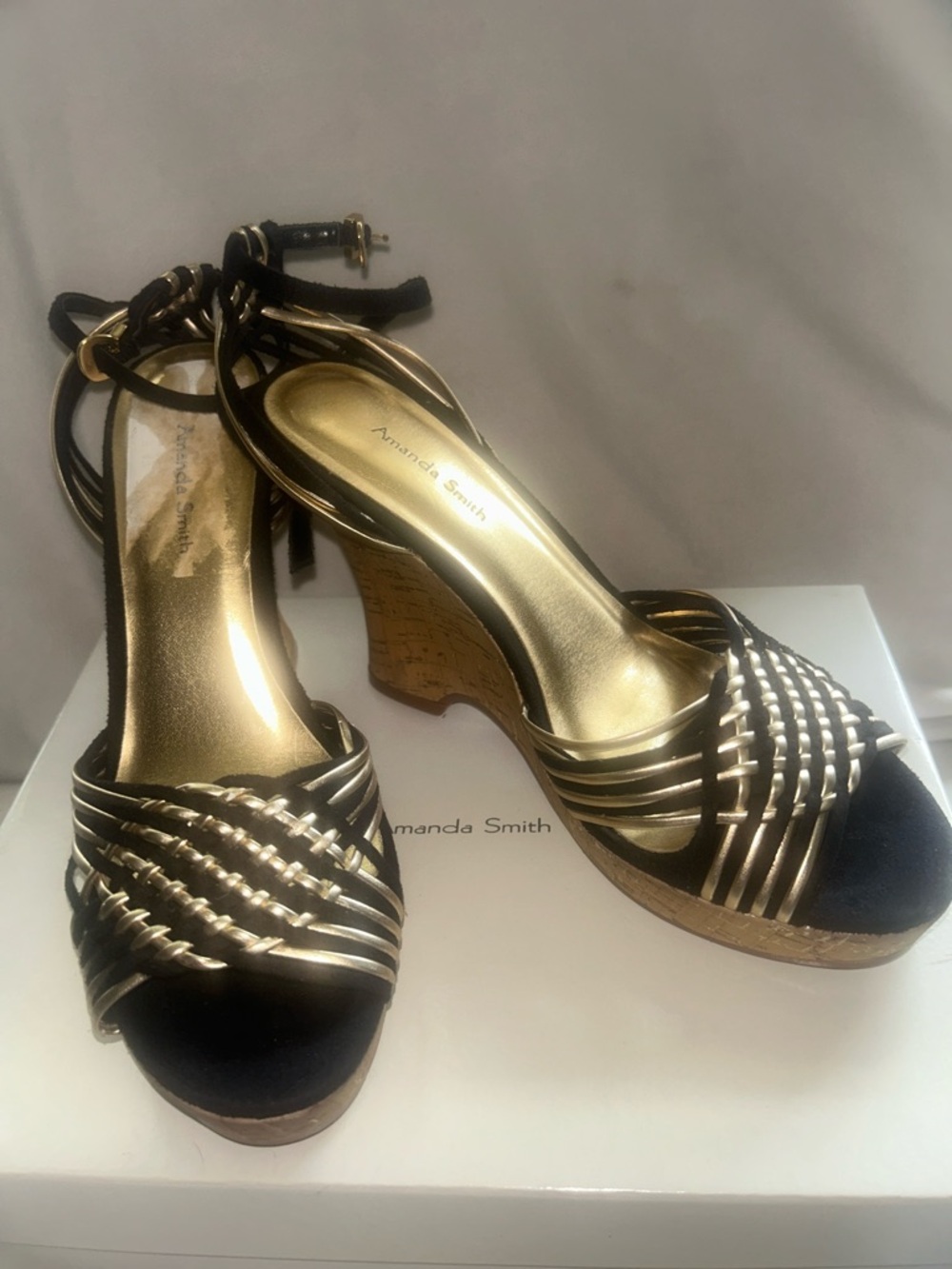 Amanda Smith Black and Gold Braided Wedge Sandals